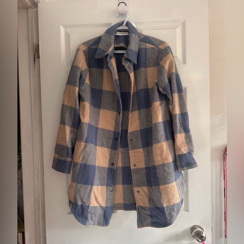 Plaid jacket, beige, and blue